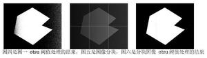 图四是图一 otsu 阈值处理的结果，图五是图像分块，图六是分块图像 otsu 阈值处理的结果