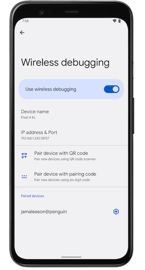 显示“无线调试”系统设置的 Pixel 手机的屏幕截图。